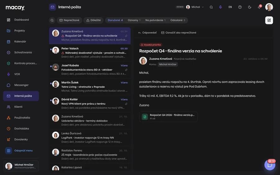Doručené správy v module Interná pošta