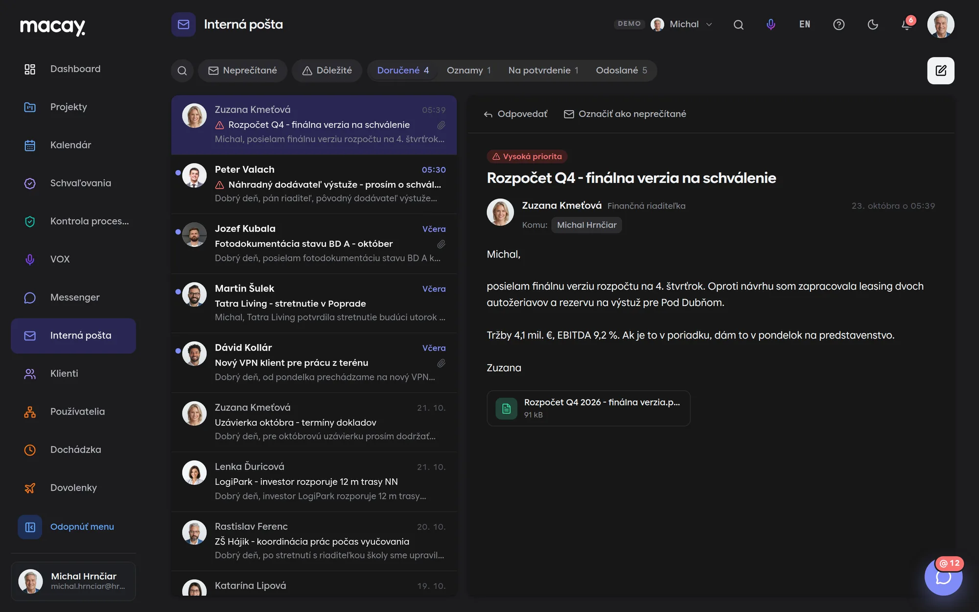 Doručené správy v module Interná pošta
