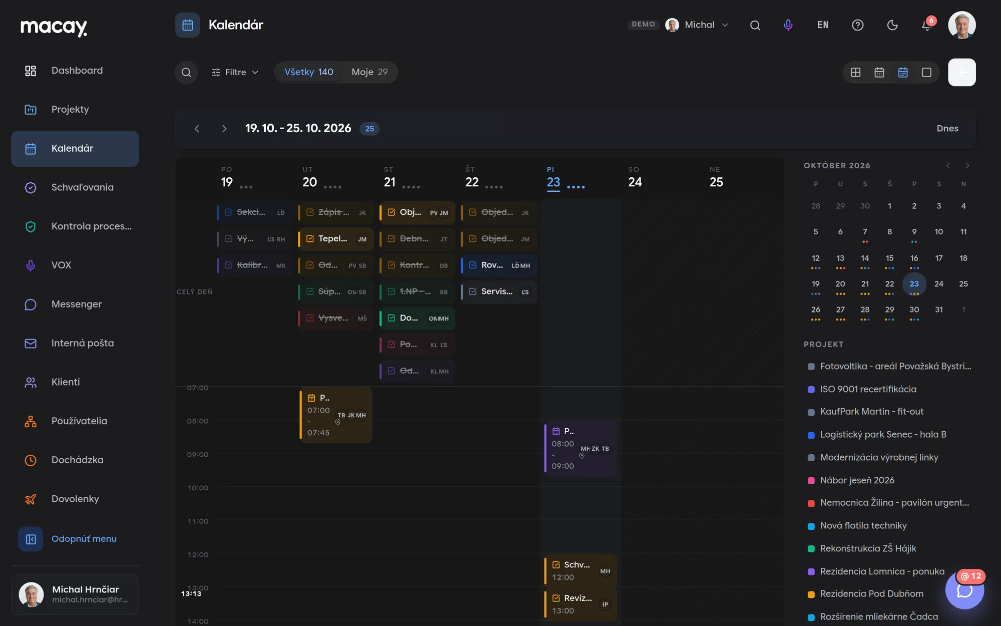 Weekly view in the Calendar module