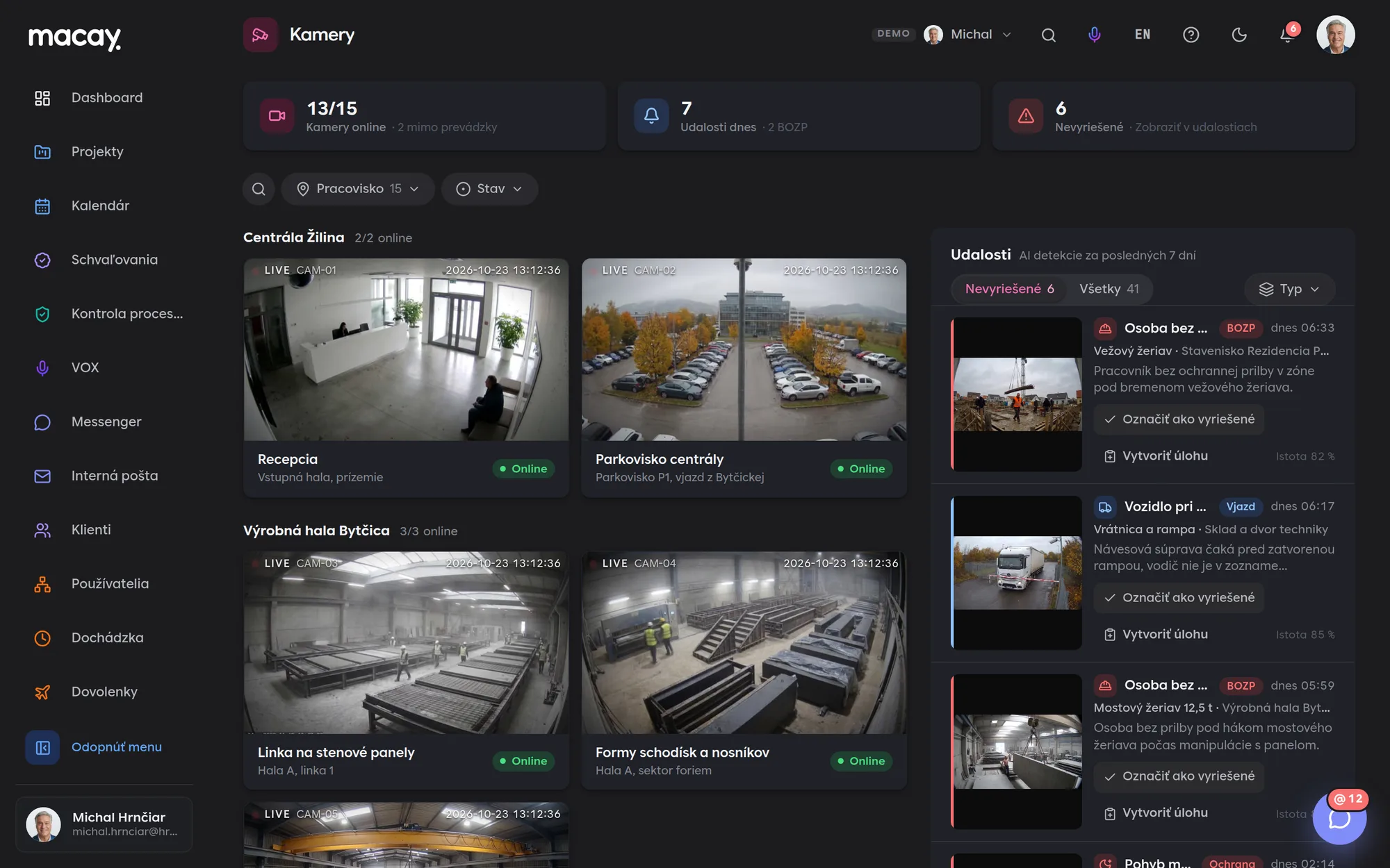 Vue des caméras par site et liste des événements dans le module Système de caméras