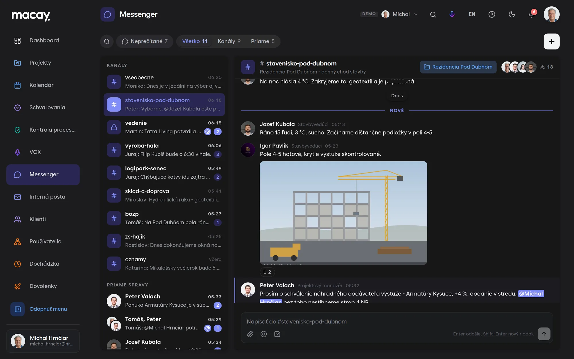 Projektový kanál v module Messenger so zdieľanými úlohami