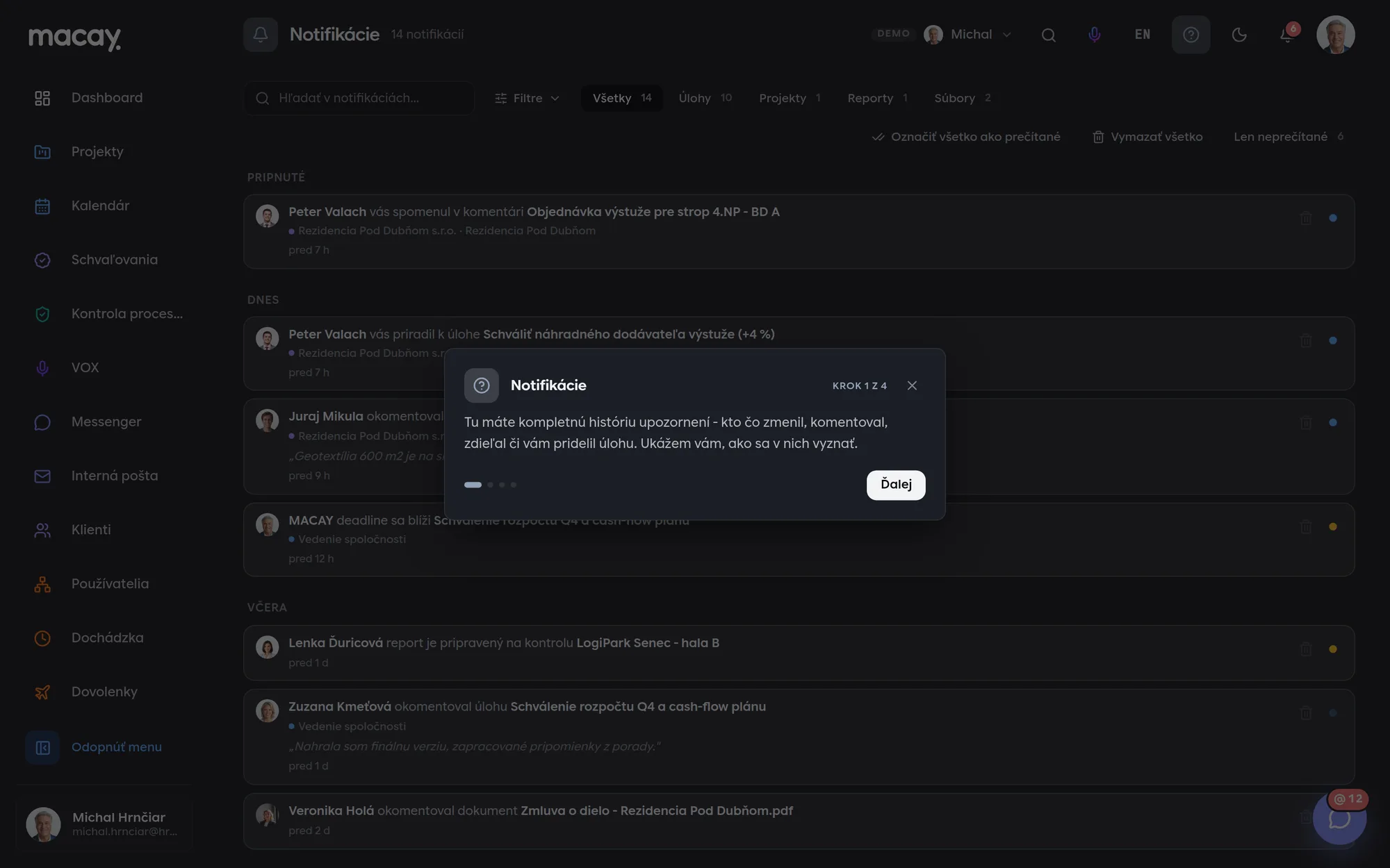 História notifikácií s filtrami a skupinami podľa dní