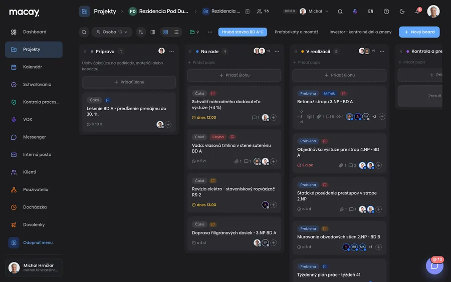 Board úloh projektu v module Projekty a úlohy