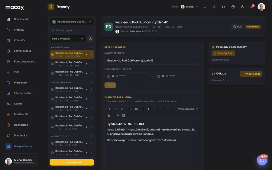 Rozpracovaný týždenný report pre klienta v module Reporty
