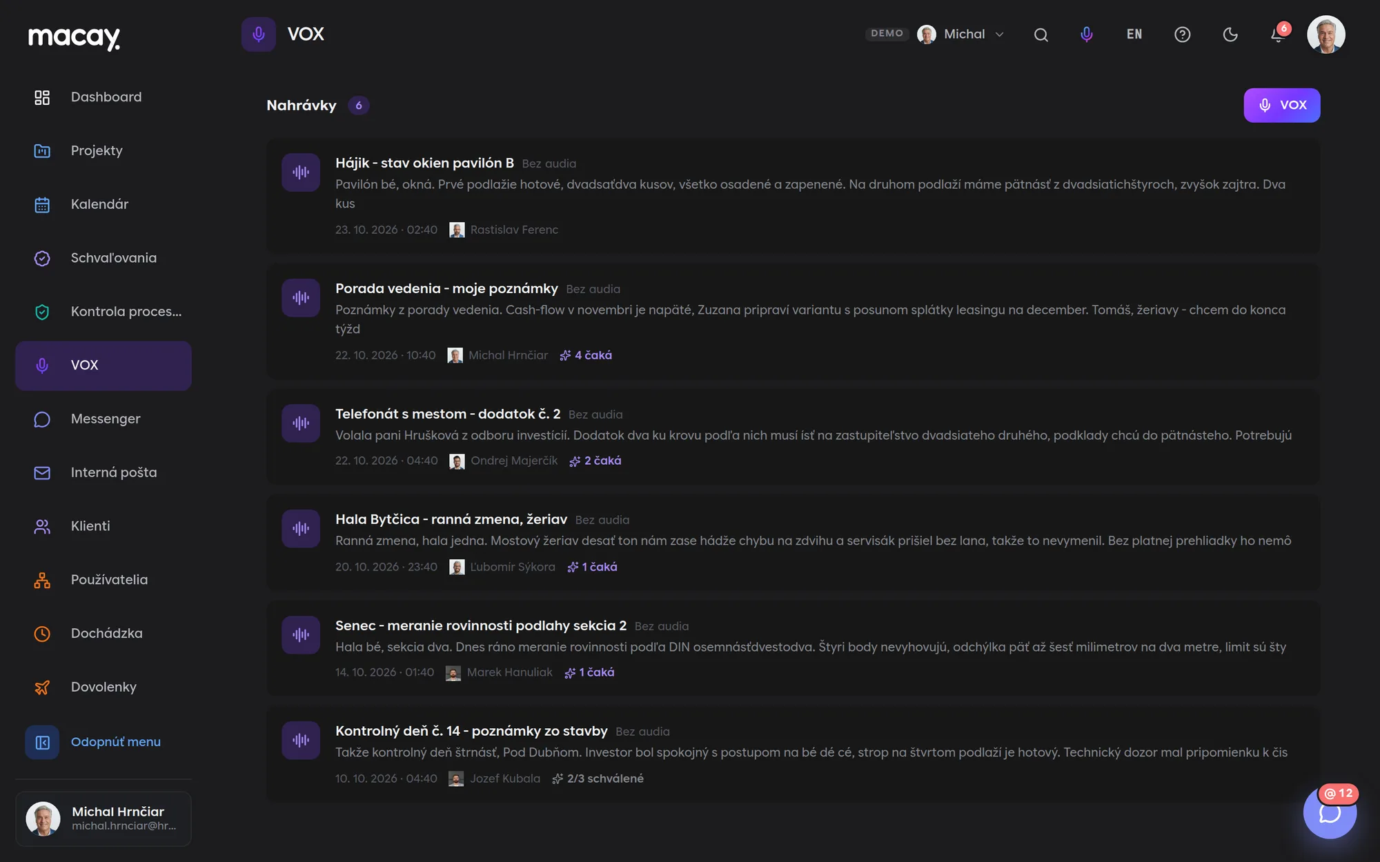 Zoznam nahrávok v module VOX